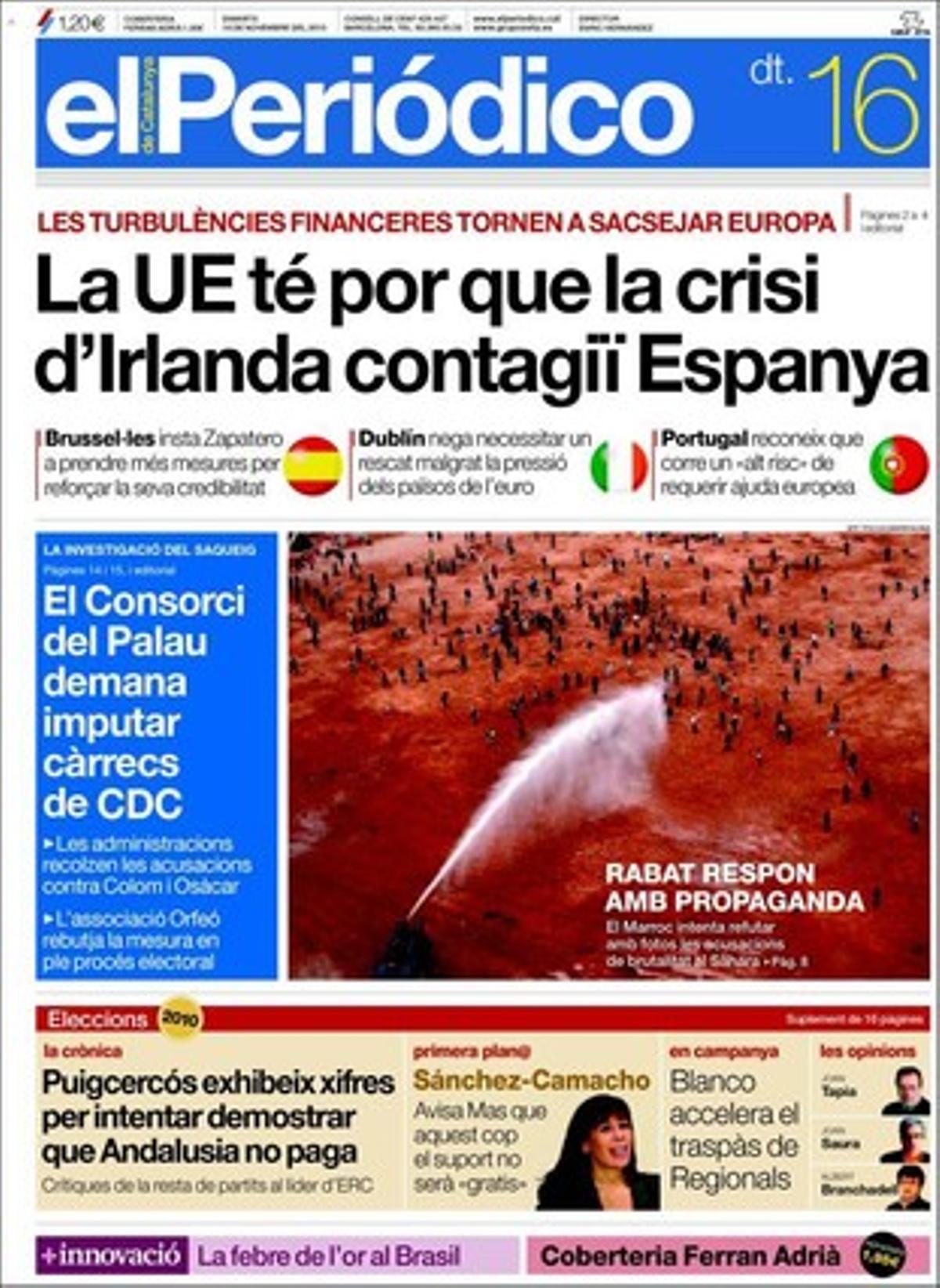A més de les notícies de portada, EL PERIÓDICO destaca a dins que els hotelers llancen la seva ofensiva final contra el projecte la llei antitabac que debat el Senat, que l’entrega de pisos socials buits enfronta Adigsa i l’Hospitalet, que el governador del Banc d’Espanya, Miguel Ángel Fernández Ordóñez, dóna fins Nadal a les caixes per organitzar les seves fusions, que les aerolínies de baix cost denuncien davant la UE les ajudes de la Generalitat a Spanair, i que Barcelona perd gas com a plató de cine: el 2009 s’hi van rodar 34 pel·lícules, la meitat que el 2008. També ofereix el suplement electoral i el mensual empresarial ’+Innovació’.