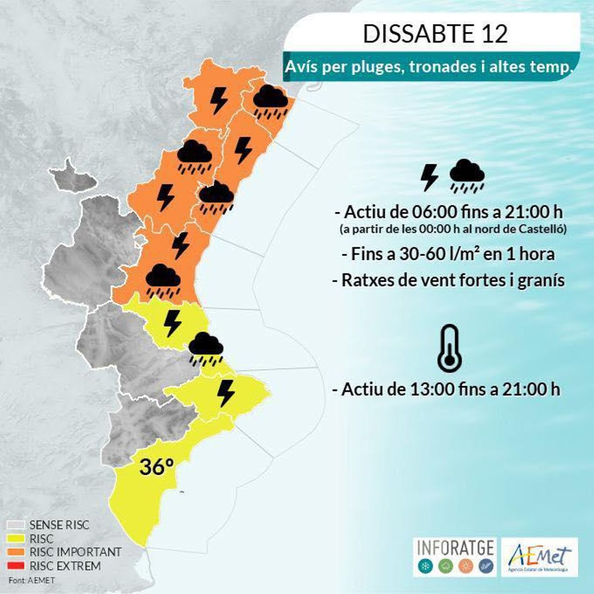 Aviso amarillo difundido por el Ayuntamiento de Cullera.
