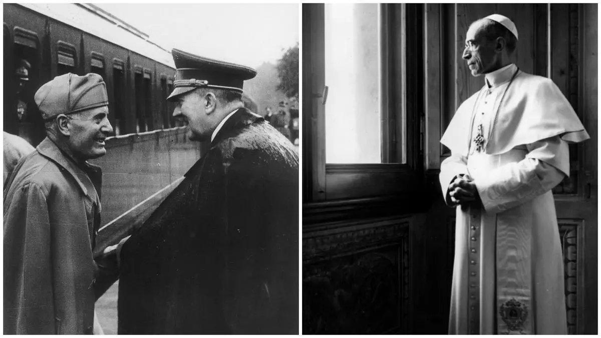 Mussolini, recibido por Hitler en 1944. A la derecha, el papa Pío XII.