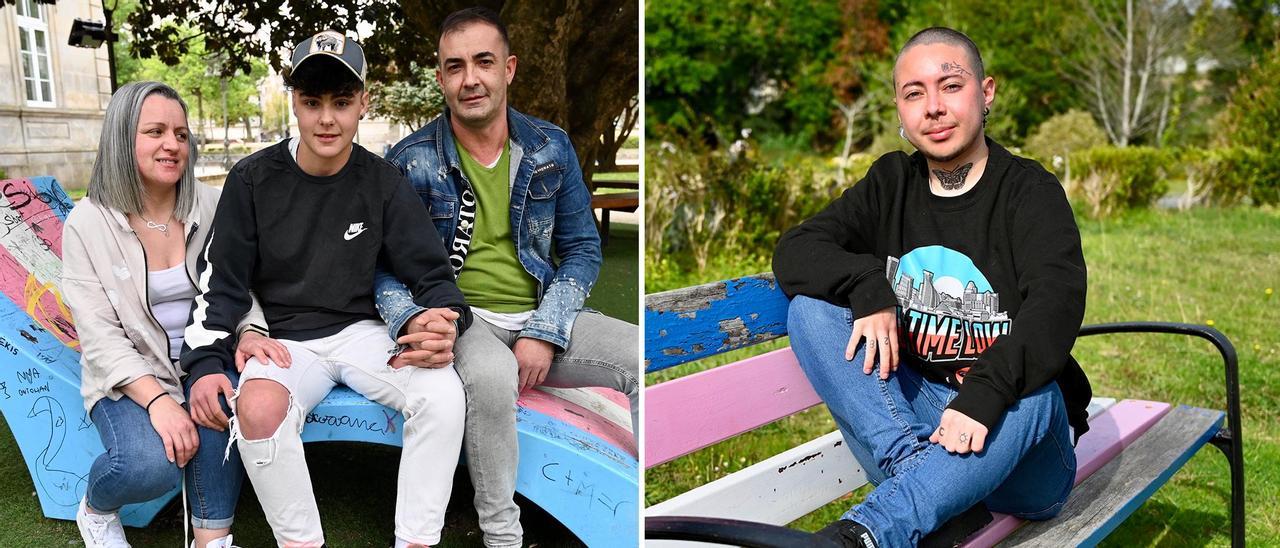 Izquierda, Xurxo con sus padres Geni Raposeiras y Sergio Acuña. Y Luka Martínez en el banco con los colores de la bandera trans de Sanxenxo