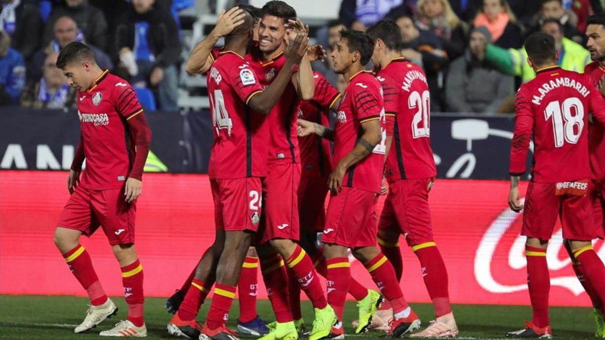 El Getafe celebra el gol ante el Leganés