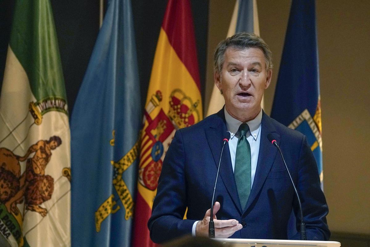 El presidente del PP, Alberto Núñez-Feijóo, ofrece un discurso durante el acto en el que el jefe del Ejecutivo andaluz, Juan Manuel Moreno Bonilla, ha recibido la insignia de oro de la Asociación del Día de Galicia en Asturias.