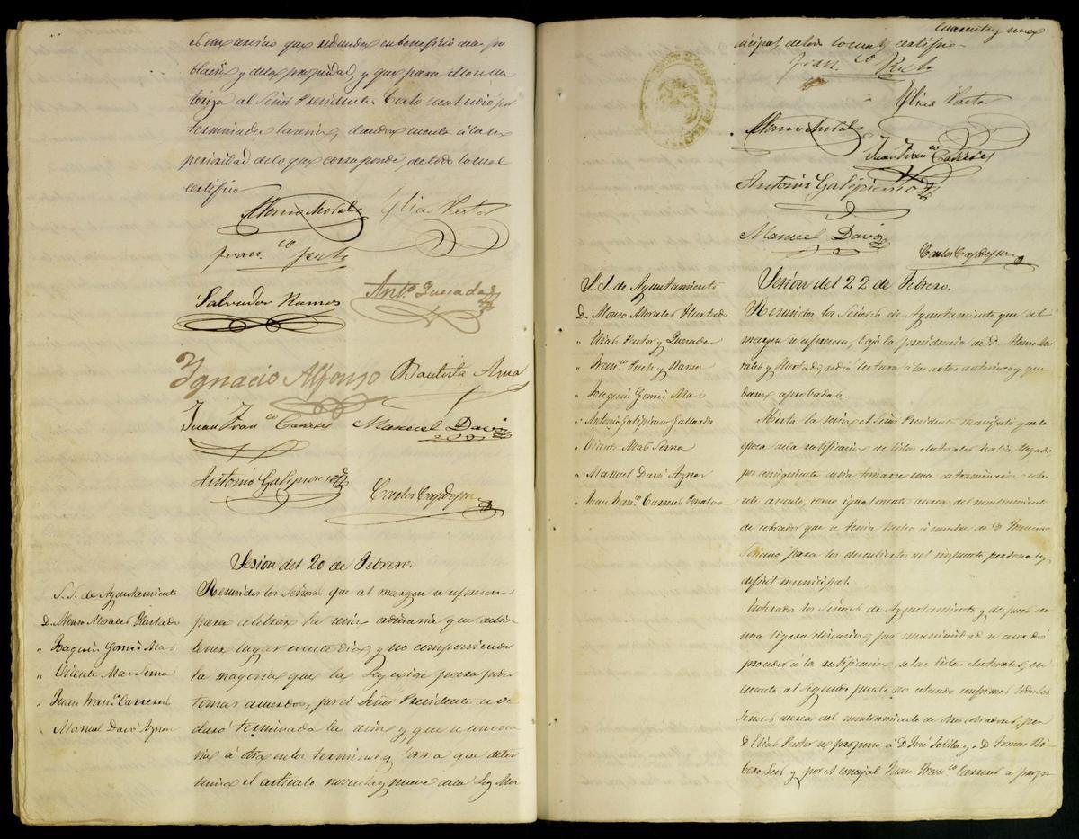 Firmas en el acta municipal del Ayuntamiento de Crevillent en el año 1873