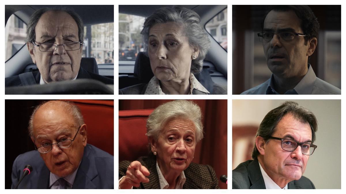 Arriba, Josep Maria Pou, Carme Sansa y David Selvas, en 'Parenostre'. Abajo, Jordi Pujol, Marta Ferrusola y Artur Mas