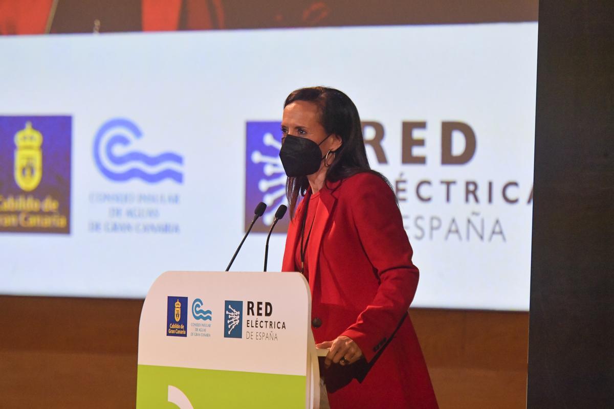 Beatriz Corredor, presidenta de Red Eléctrica, durante su intervención en el acto de inicio de las obras del Salto de Chira.