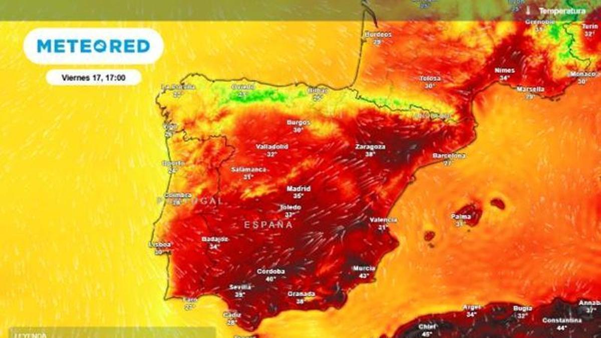 Un mapa térmico elaborado por Meteored con las temperaturas para el próximo viernes.