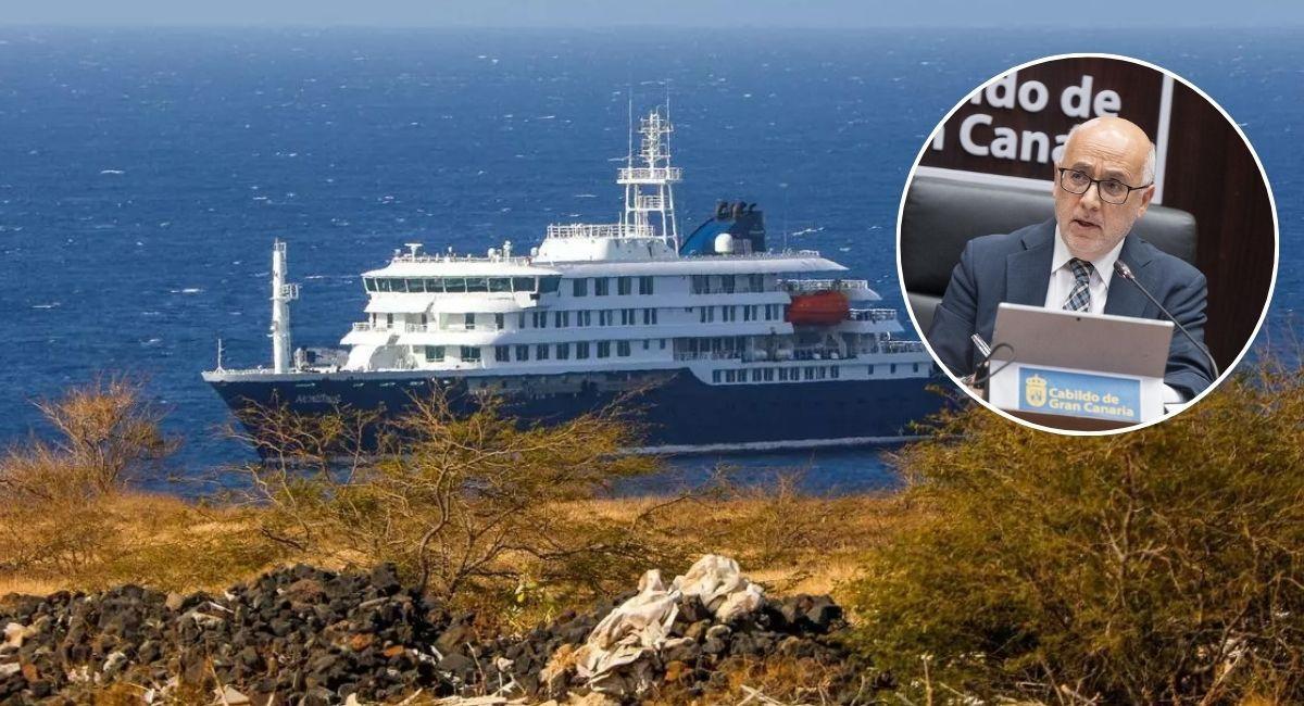 El crucero con viajeros afectados por el hantavirus, frente a Cabo Verde. En el círculo, el presidente del Cabildo de Gran Canaria, Antonio Morales