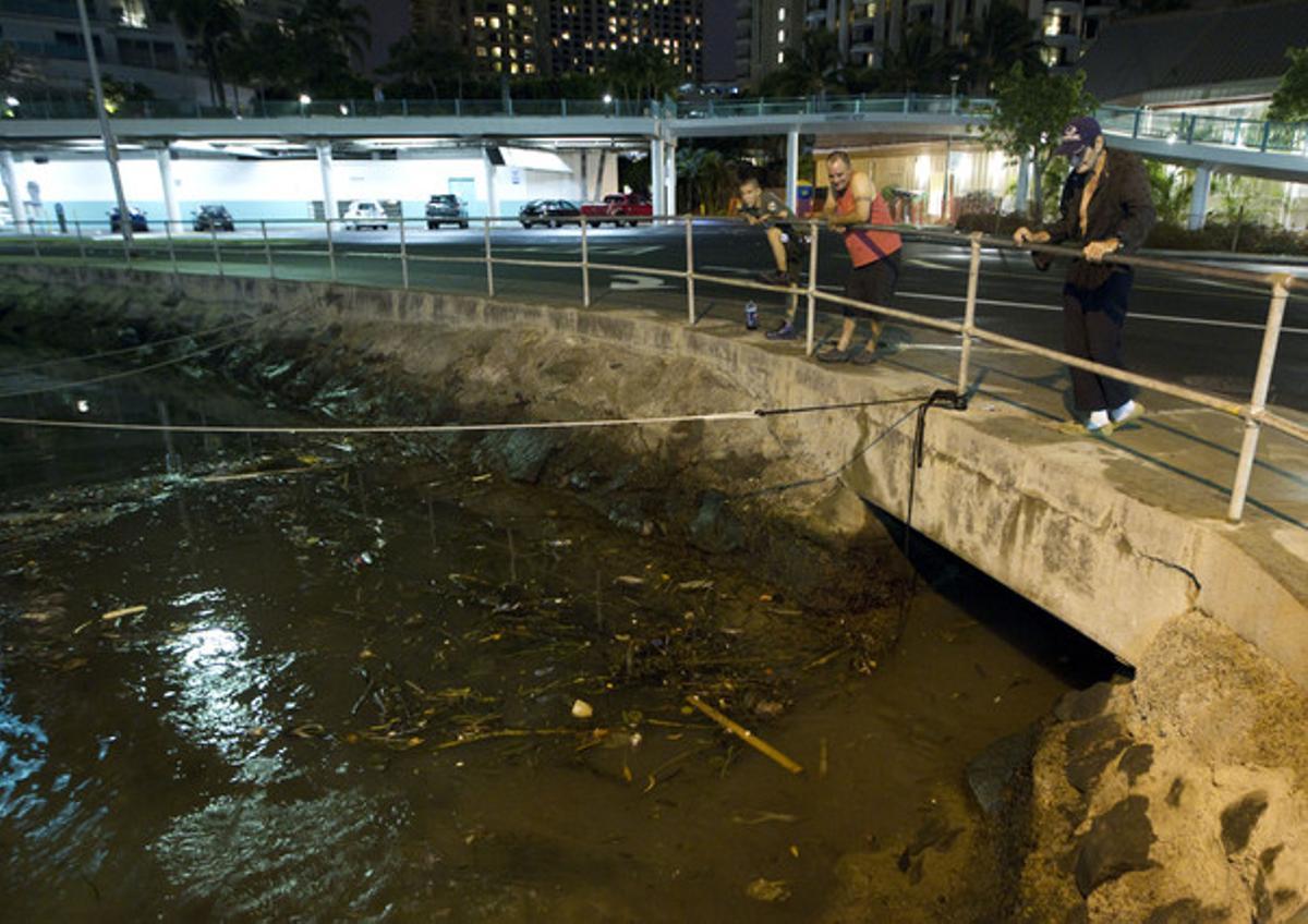 Diverses persones miren el que les onades del tsunami han portat a la platja de Honolulu (Hawaii). Diverses persones miren el que les onades del tsunami han portat a la platja de Honolulu (Hawaii).