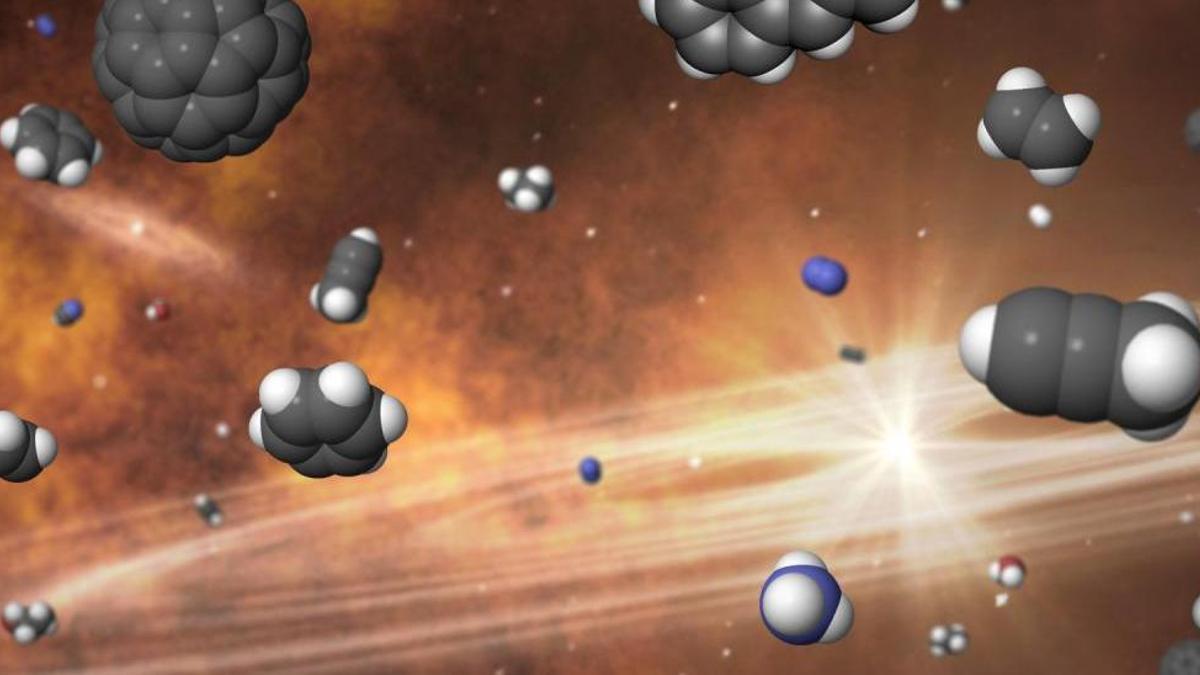 Composición artística de una &quot;sopa&quot; de moléculas prebióticas alrededor de un disco protoplanetario.