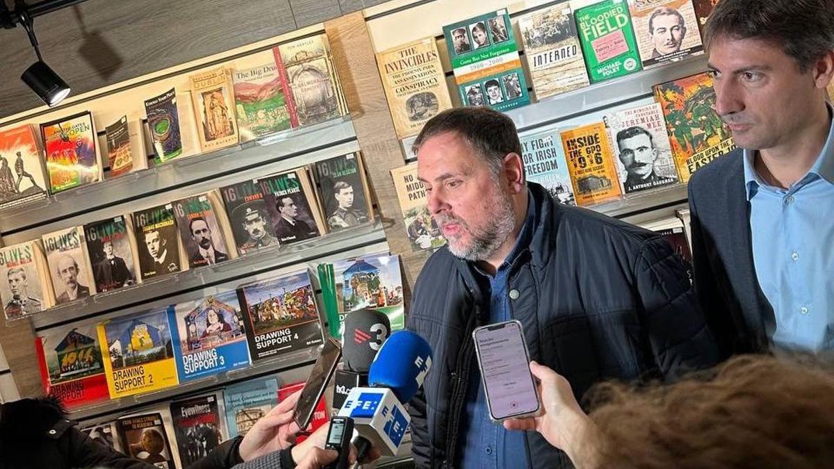 El líder de ERC, Oriol Junqueras, en declaraciones en Belfast.