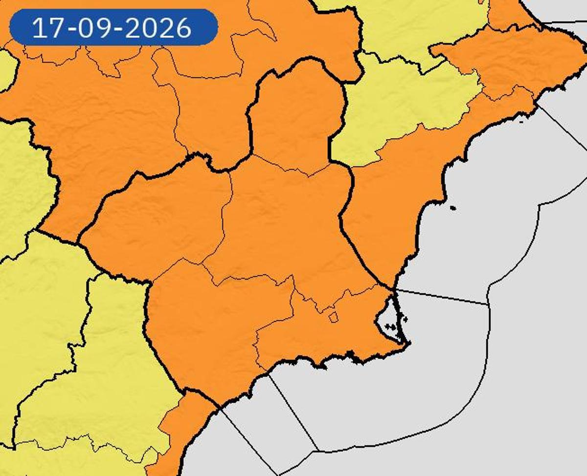Mapa de alertas de la Aemet para este jueves en la Región de Murcia
