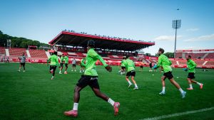 Los jugadores del Girona, en un entrenamiento.