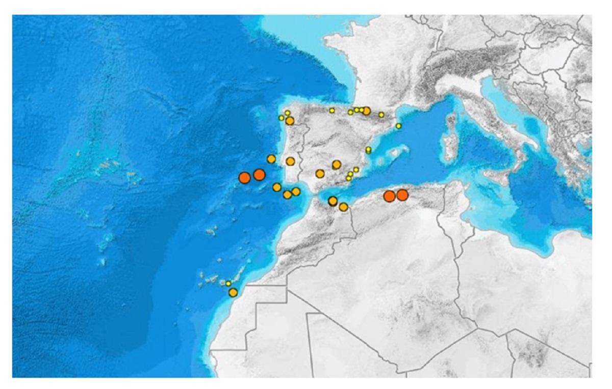 Registro símico entre los días 10 y 12 de febrero del 2023. En naranja registros &gt; 3 en escala Richter, amarillo inferior a