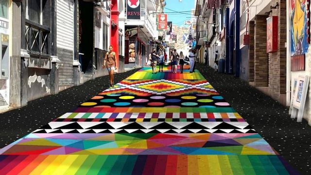 Recreación virtual de la obra que Okuda pintará sobre el suelo de la calle Santa Agnès. | D. I.