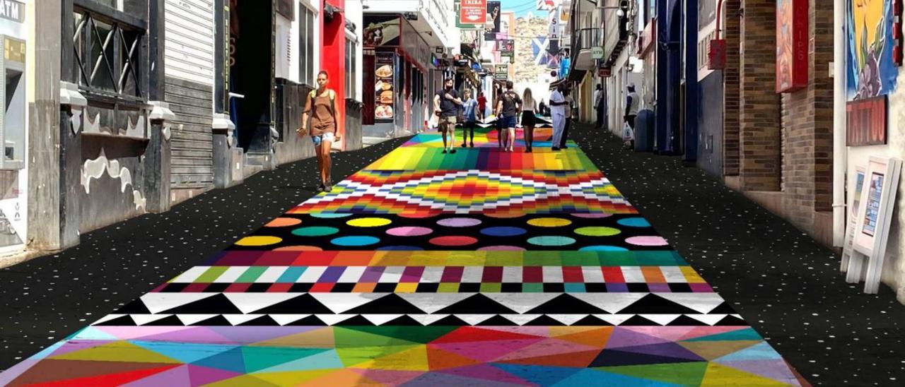 Recreación virtual de la obra que Okuda pintará sobre el suelo de la calle Santa Agnès. | D. I.