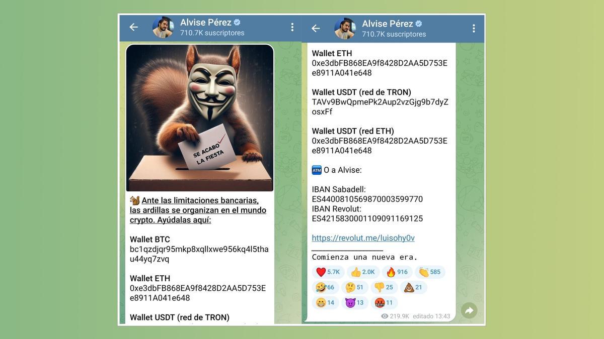 Post en Telegram en el que Alvise publica las carteras virtuales donde depositar las donaciones