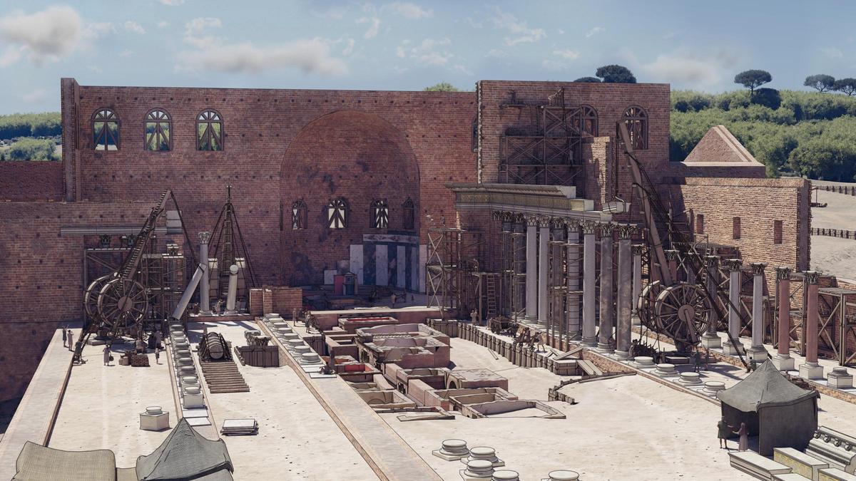 Modelo en 3D de la construcción de la primera Basílica de San Pedro, levantada bajo el gobierno de Constantino, origen del libro 'La Roma de Constantino'.