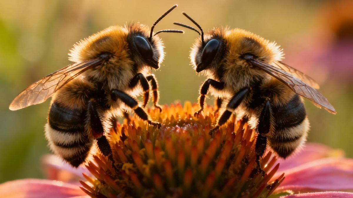 Recreación artística de dos abejorros intercambiando miradas sobre una flor, simbolizando cómo el optimismo puede transmitirse entre ellos sin contacto físico ni señales químicas.