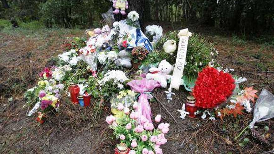 Flores, velas y peluches, ayer, donde apareció el cuerpo de Asunta.  // X.A.