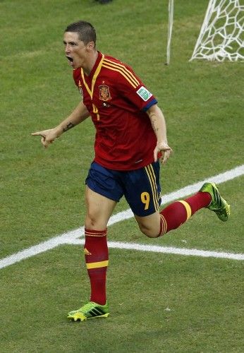 Spain's Torres celebrates after scoring a goal during their Confederations Cup Group B soccer match against Nigeria at the Estadio Castelao in Fortaleza