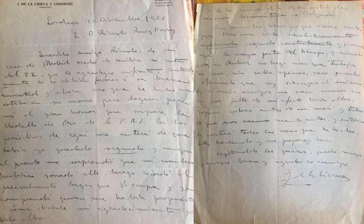Manuscritos de Juan de la Cierva, del 30 de diciembre de 1926