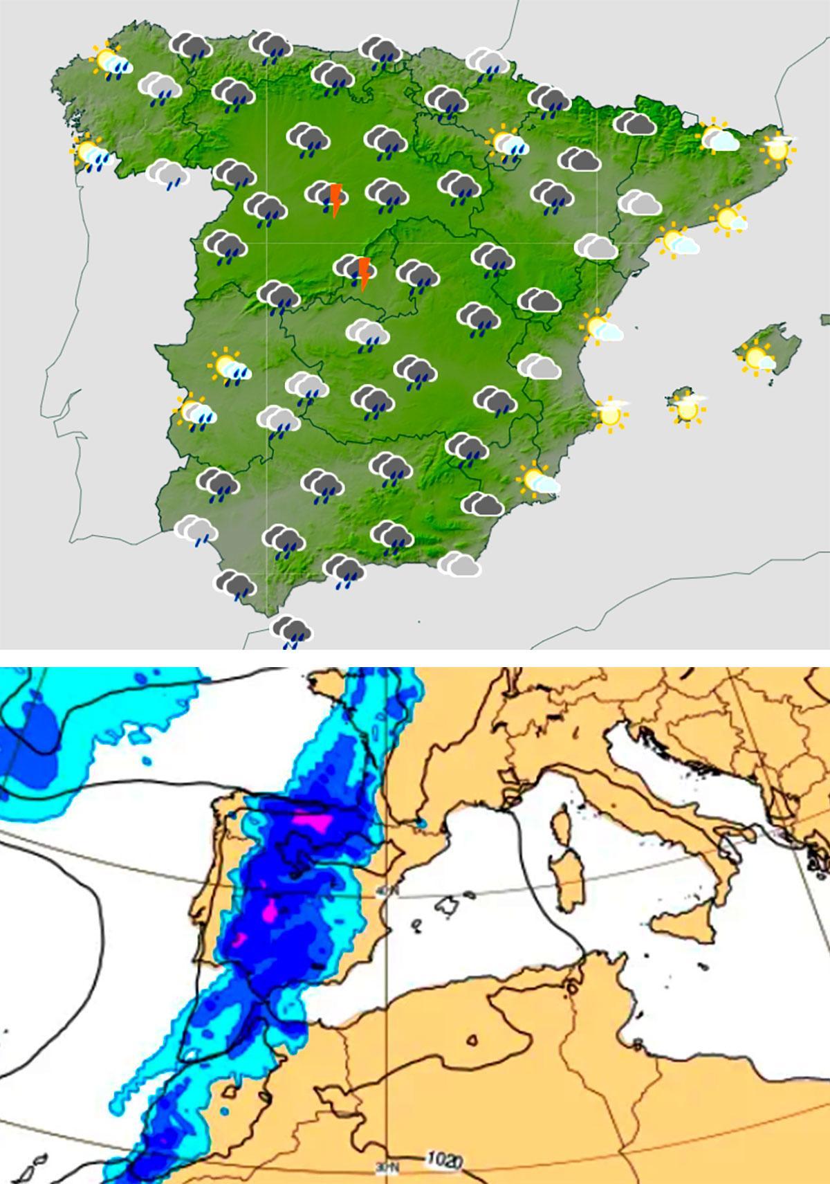 Mapa de España el martes 7 de abril de Aemet y previsión del modelo europeo con un frente hñumedo centrado en España.