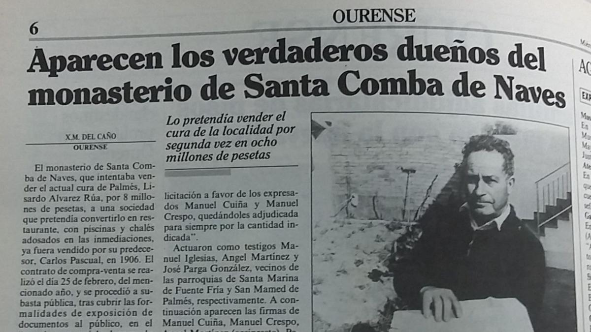 El recorte del Faro de Vigo de Ourense de 1992 cuando el Obispado intentó vender el monasterio de Santa Comba de Naves, por primera vez .