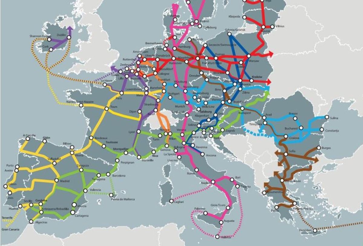 Mapa de la Red Europea de Transportes dibujada en la documentación del Corredor Atlántico