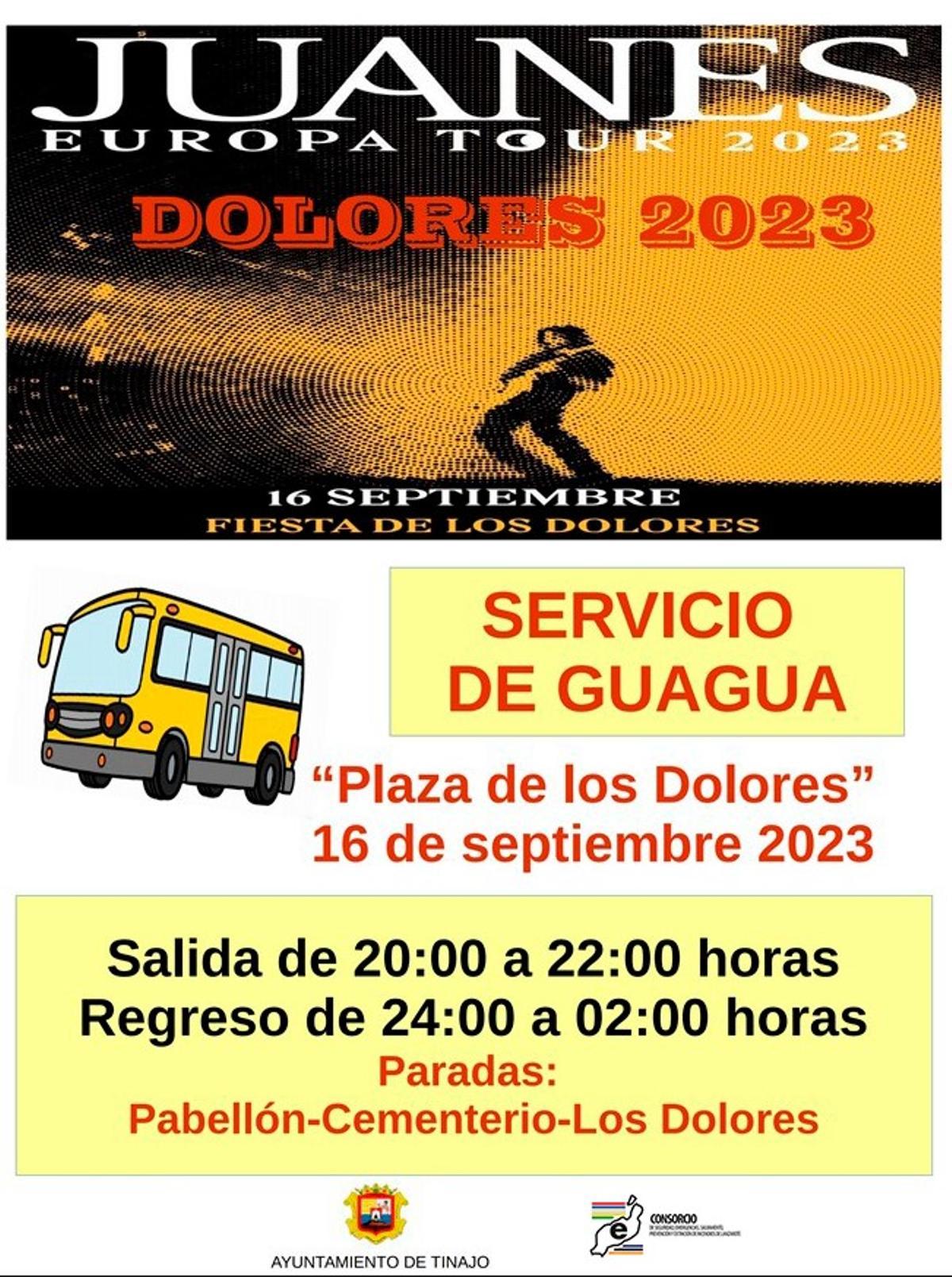 Cartel del servicio gratuito de guaguas para acudir al concierto de Juanes en Mancha Blanca.