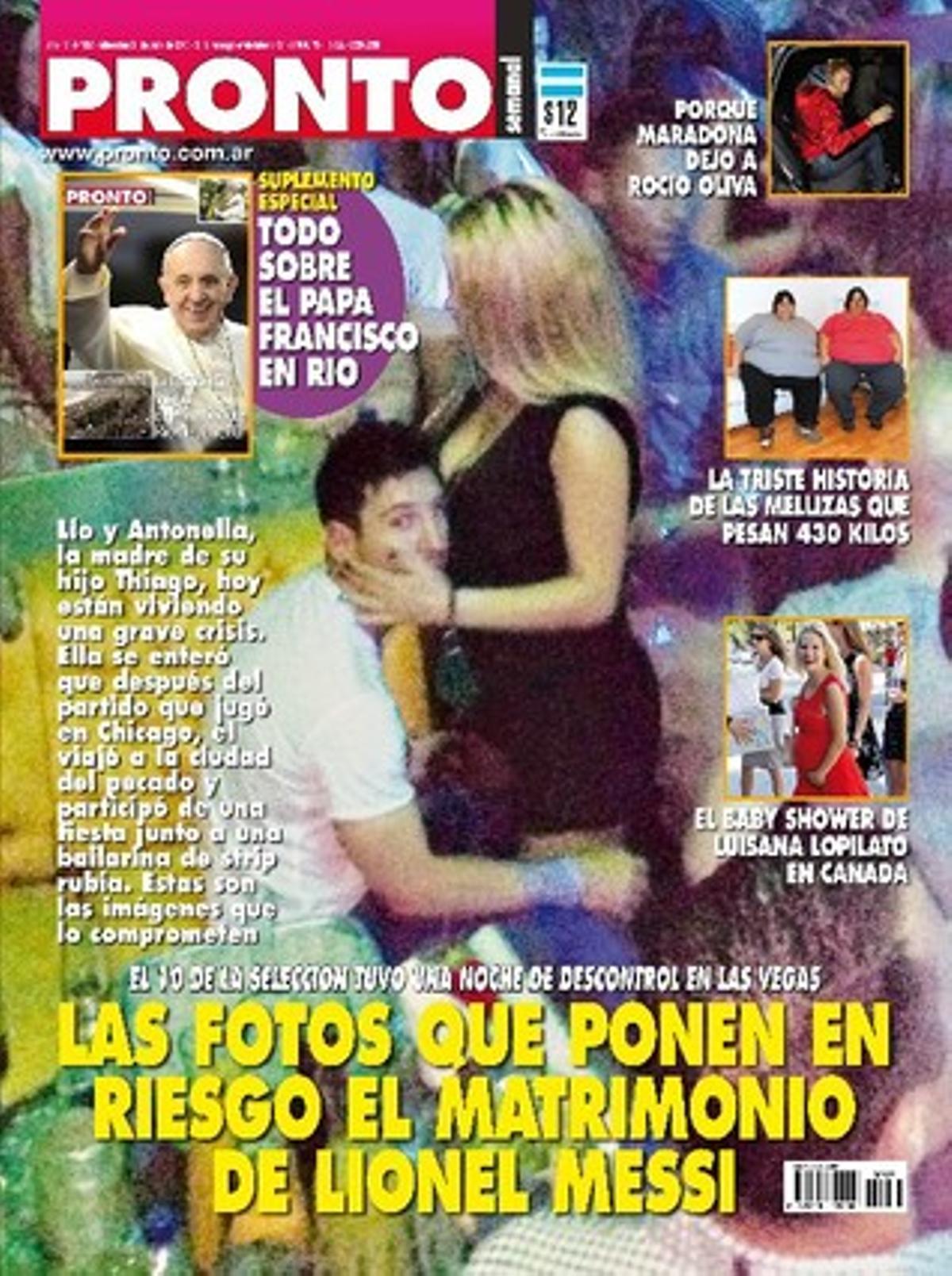 Portada de la revista argentina ’Pronto’ on apareix Messi amb una stripper. Portada de la revista argentina ’Pronto’ on apareix Messi amb una stripper.