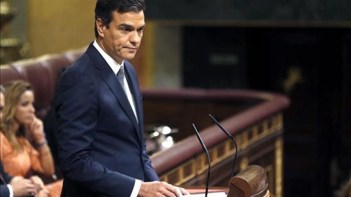 Pedro Sánchez, durante el discurso que ha pronunciado este miércoles en el debate de investidura de Mariano Rajoy.