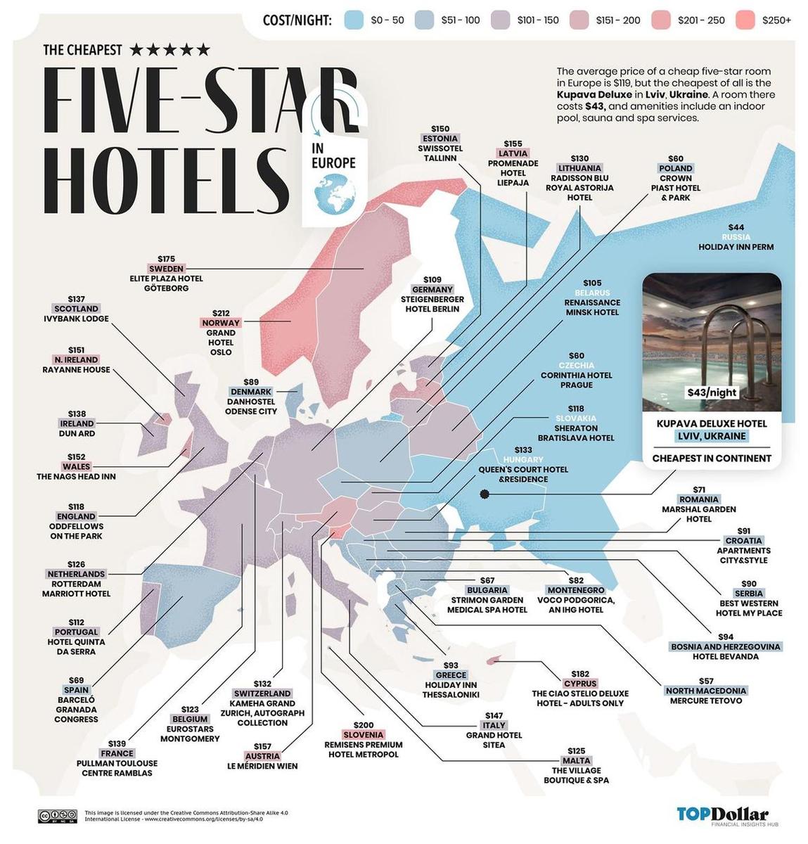 Mapa hoteles 5 estrellas más baratos del mundo