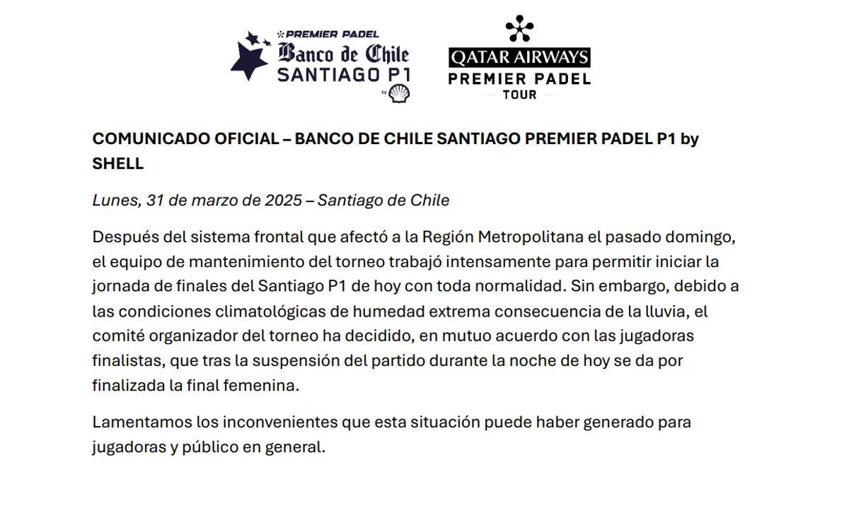 Comunicado de Premier Padel sobre la final femenina