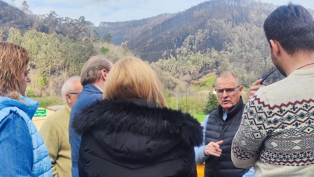 Diego Canga, con varios compañeros del PP, en una de las zonas de Villayón afectadas por el fuego.