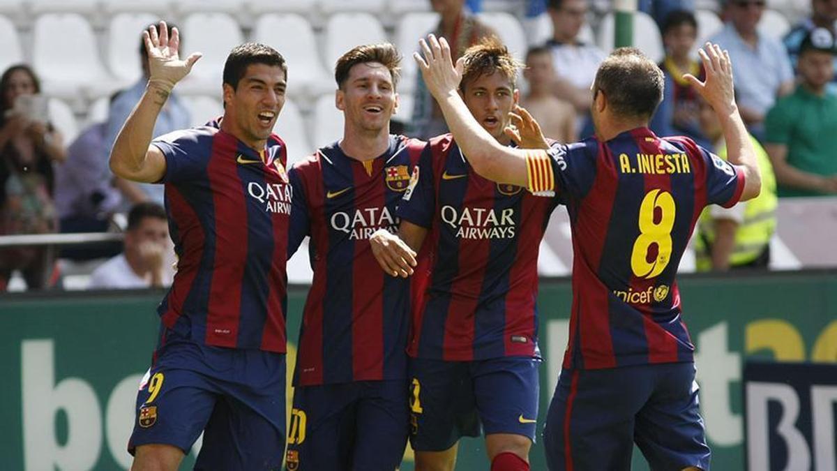 Luis Suárez, Messi, Iniesta y Neymar en el último Córdoba-Barcelona en El Arcángel.