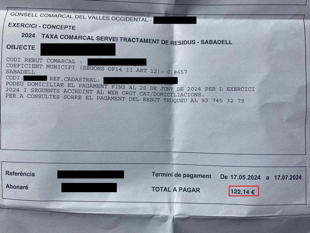 Recibo de la tasa de tratamiento emitida por el Consell Comarcal del Vallès Occidental en 2024 en Sabadell
