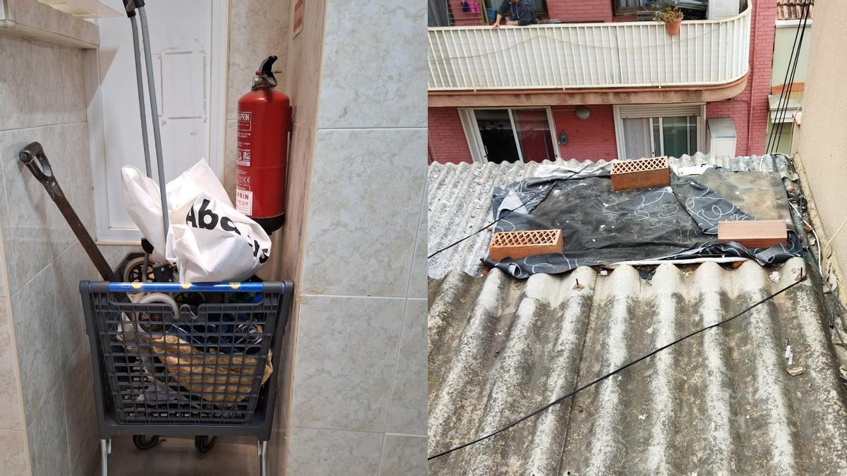 Objetos ocupando espacios comunes y tejado en mal estado.