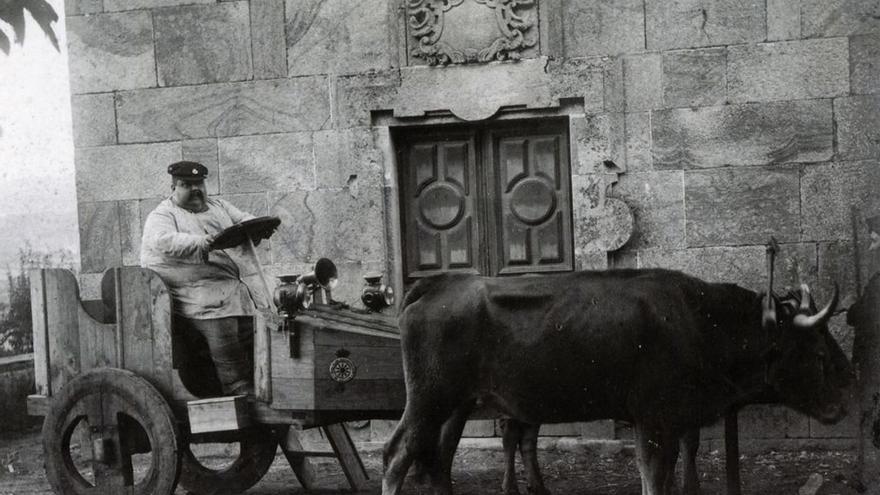 Picadillo, nun carro de vacas, no pazo familiar de Anzobre.  | // ARQUIVO RAG