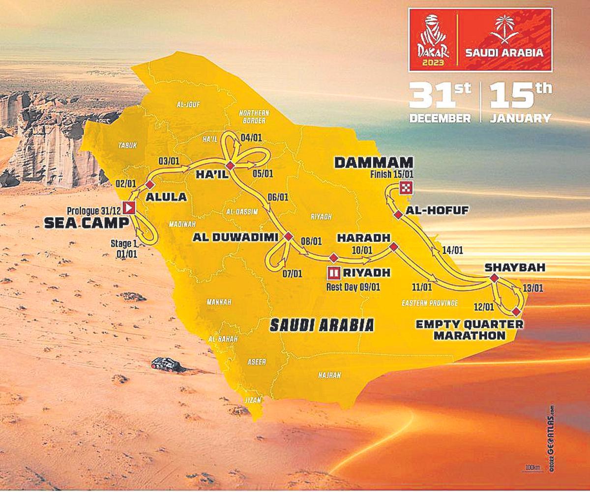 El recorrido del Dakar 2023, que será íntegramente por Arabia Saudí.