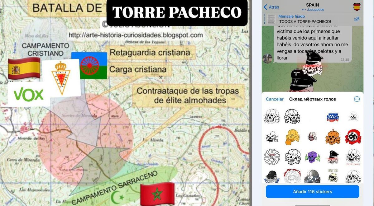 A la iizquierda, uno de los memes distribuidos durante los altercados. A la derecha, los stickers nazis en un canal de agitación son de fabricación rusa.