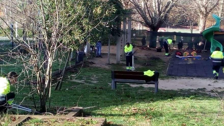 Alumnos de la rama de jardinería, emprendiendo la actuación en el parque de Figueiroa.