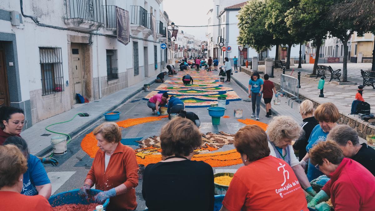 Los devotos se afanan por realizar las alfombras efímeras del Corpus Christi de San Vicente de Alcántara.