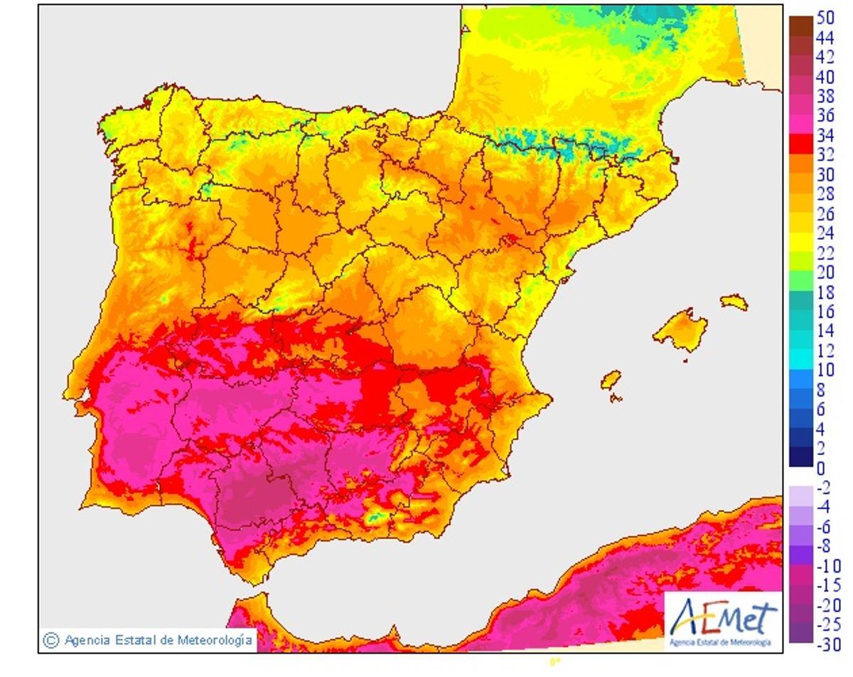 Mapa de temperaturas máximas previstas para el próximo jueves por la Aemet.