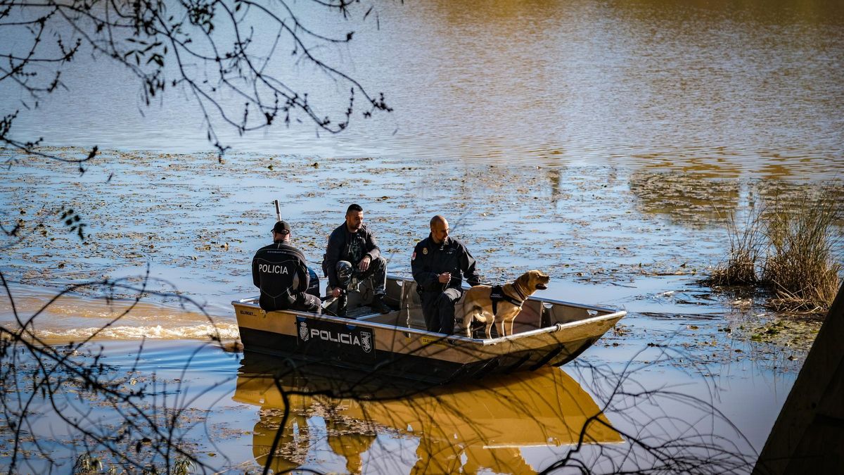 Uno de los perros de la Unidad de Guías Caninos de Madrid rastrea el río desde una embarcación junto a los buzos.