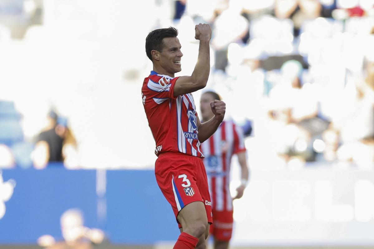 Atletico of Madrid's Cesar Azpilicueta Celebrates After Scoring Against RCD Espanyol's During LaLig