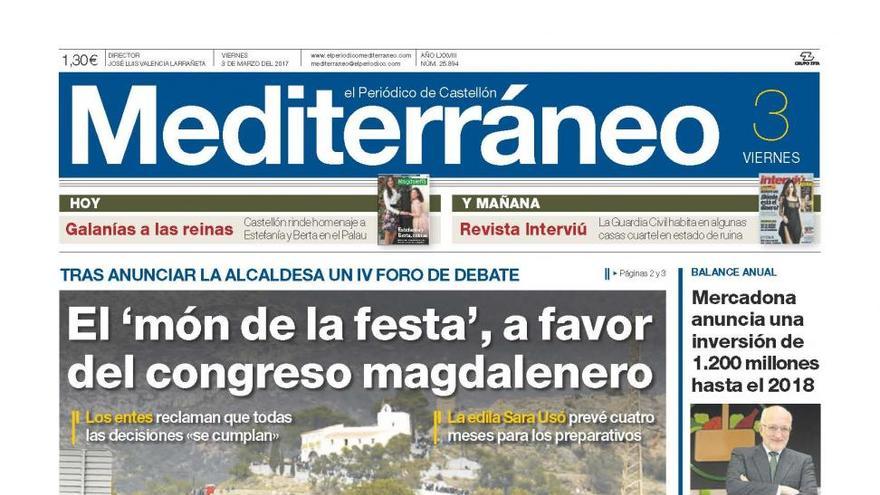 El ‘món de la festa’ está a favor del congreso magdalenero, en la portada de Mediterráneo