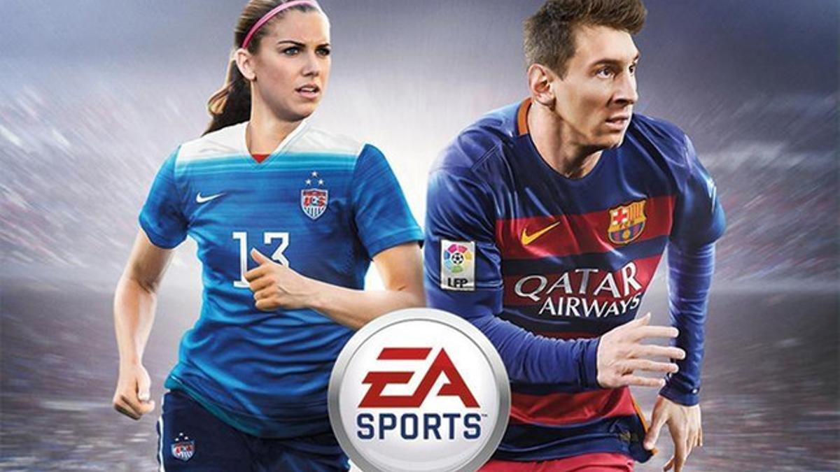 Alex Morgan en la portada del videojuego FIFA 16 en compañía del astro argentino Lionel Messi. 