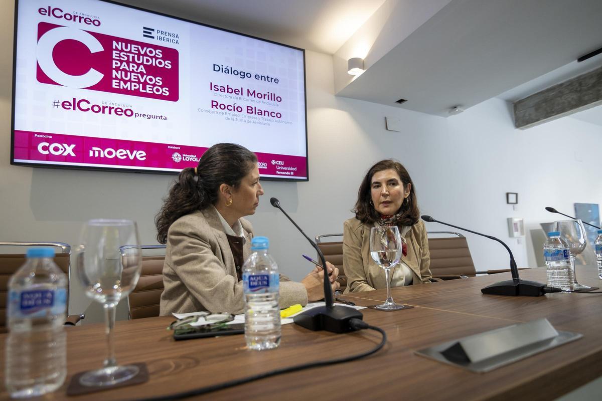 De dcha. a izda.:  Rocío Blanco, consejera de Empleo, Empresa y Trabajo Autónomo de la Junta; Isabel Morillo, directora de El Correo de Andalucía.