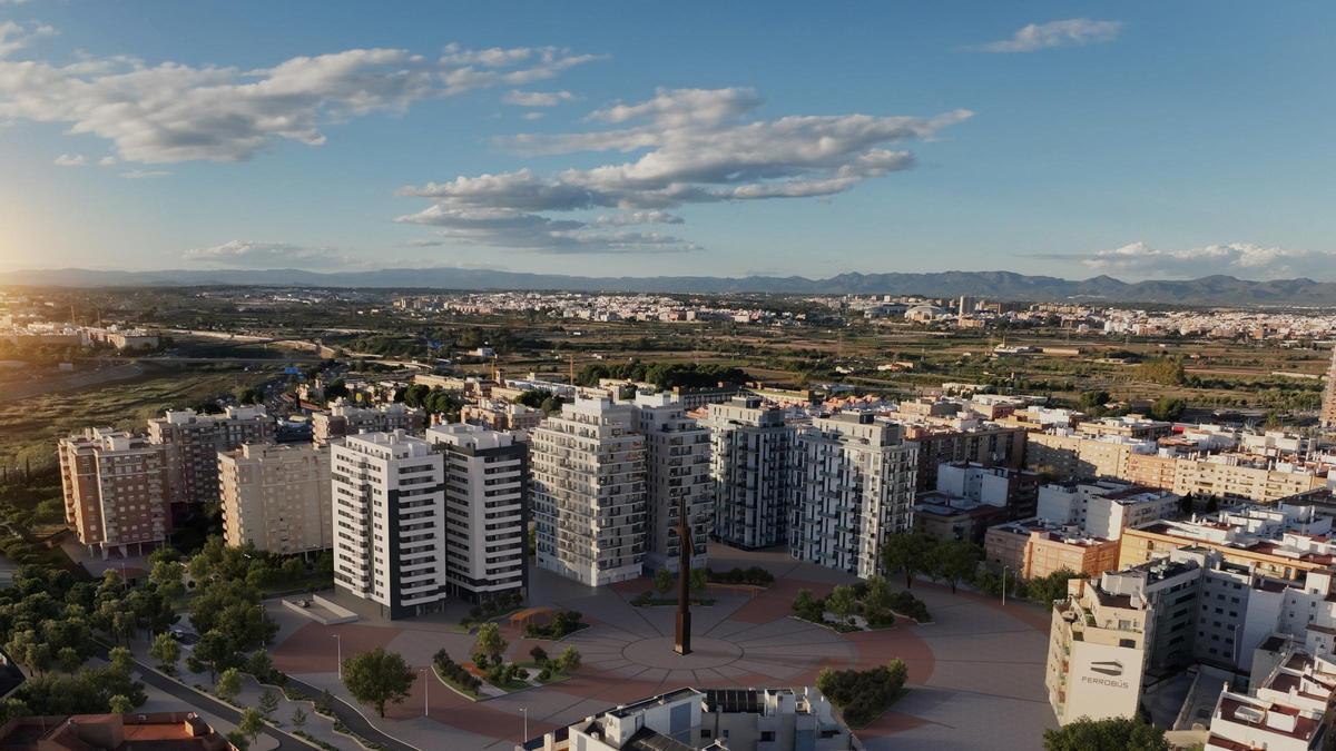 Imagen aérea de la nueva promoción Rozier de AEDAS Homes en Mislata (las dos torres blancas y negras del centro).