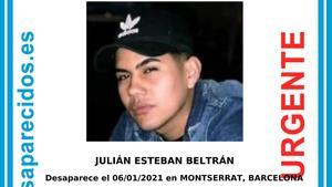 Anuncio de SOS Desaparecidos con la imagen de Julián Esteban Beltrán.